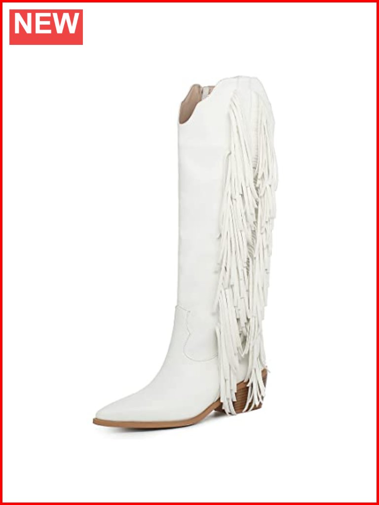 Knee High Cowboy Boots With Fringe Tassels Pointed Toe Western Boots For Women